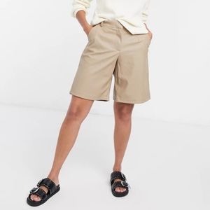 Vila Faux Leather Longline Shorts in Tan